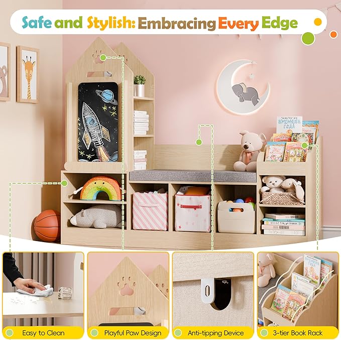 MU Kids Bookshelf with Reading Nook, Wooden Toy Storage Organizer with Chalkboard and Bench, Kids Reading Nook for Boys & Girls, Toddler Toy Shelf for Bedroom, Nursery, Playroom, Natural Oak