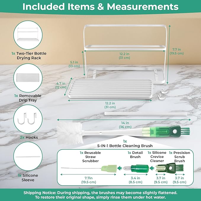 Bottle Drying Rack for Kitchen Countertop, Space Saving Storage Stand with Drainage Tray, Two-Tier Design for Tumblers, Baby Bottles, Water Bottle Drying Rack with 5-in-1 Bottle Cleaning Brush