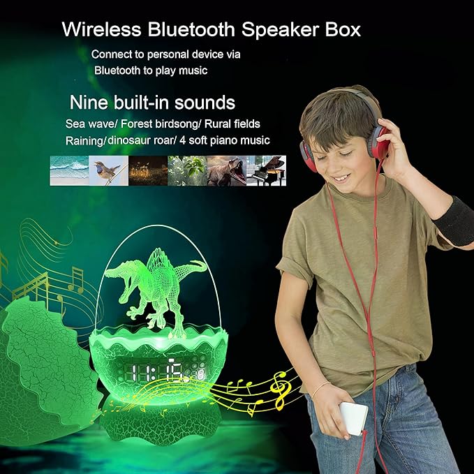Spinosaurus Alarm Clock/Decorative Lamp/Night Light/Bluetooth Speaker/White Noise Lullaby Machine 4 in1, Remote Control 16 Colors Volume, Creative Gifts for Boys/Girls/Adult