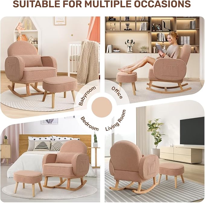 Rocking Chair Nursery with Ottoman, Upholstered Glider Rocker with High Backrest and Side Pocket, Rocking Accent Armchair with Solid Wood Legs for Nursery, Living Room, Bedroom Coffee