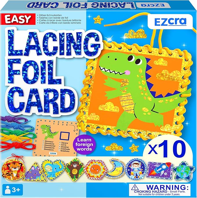 EZCRA Premium Foil Edge Lacing Cards for Kids Ages 3-6 | 10 Double-Sided Animal and Space Sewing Cards with Multilingual Learning | Durable Cardboard Fine Motor Skills Activity Kit