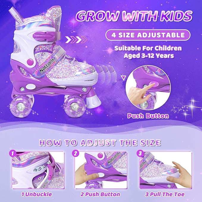 Nattork Kids Roller Skates for Girls Kids, 4 Sizes Adjustable Girls Roller Skates for Ages 3-12 with Light up Wheels & Safety Protection - Cool Birthday Gift for Indoor Outdoor Sports