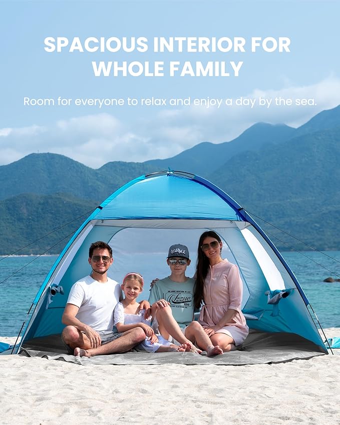 OutdoorMaster Beach Tent for 3/4 Person - Easy Setup Sun Shade Shelter, Portable Beach Shade Sun Canopy with UPF 50+ UV Protection, Removable Skylight Family Size