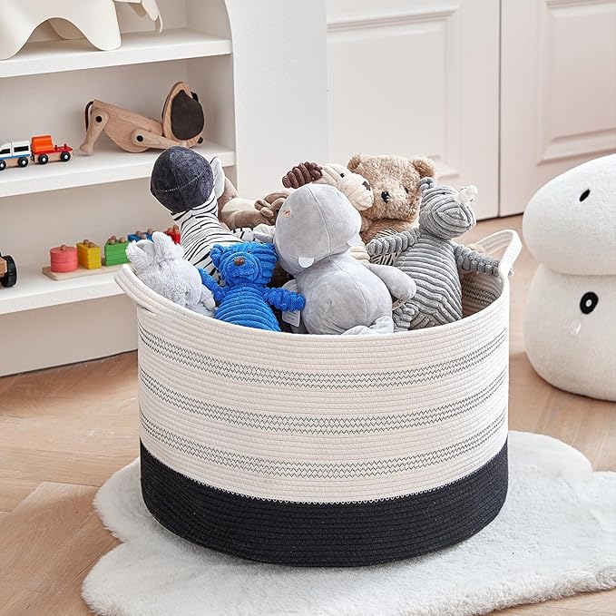 XXXLarge Cotton Rope Basket 22" X 22"X 14" Blanket Basket for Living Room Woven Basket Soft Baby Laundry Blanket Basket Nursery Bin Toy Basket with Handle White+Black