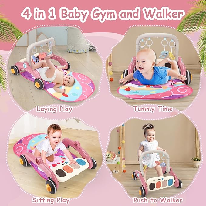 Baby Play Gym Walker Kick and Play Piano Gym for Boys Girls Play Mat Musical Tummy Time Mat Infant Christmas Newborn Gifts Toddlers (Pink)