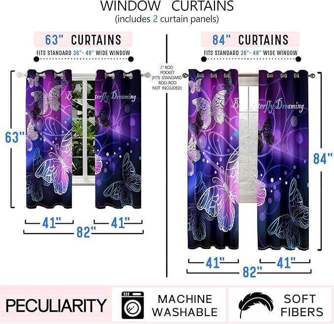 Butterfly Blackout Curtain for Girls Bedroom 2Pcs, Purple Window Curtain Panels Drapes Set Curtains 63 inch Length for Kids Bedroom Nursery Room Grommet Top Thermal Insulated Curtains, 82" x 63"
