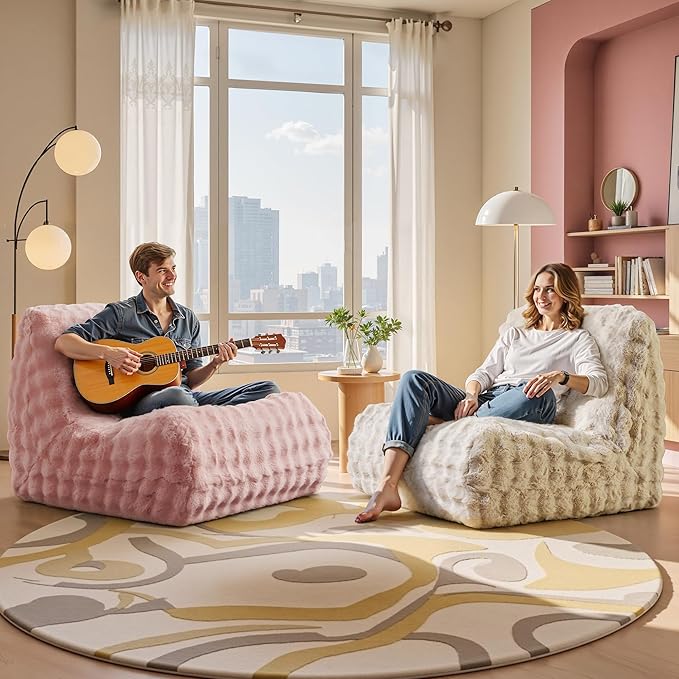 Modern Bean Bag Chair, Large Bean Bag Couch for Adults with Memory Foam Filled, Soft Faux Bunny Fur Lazy Chair for Living Room Bedroom Dorm Apartment, No Assembly Required, Pink