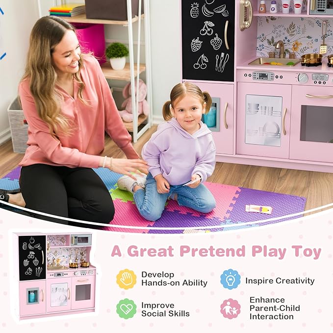 HONEY JOY Kids Kitchen Playset, Wooden Little Chef Pretend Toy Kitchen Set w/Chalkboard, Telephone, Utensils, Oven, Microwave, Sink, Storage, Play Kitchen for Toddlers Boys Girls, Pink Flower
