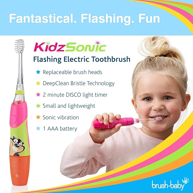 Brush Baby KidzSonic Toddler and Kid Electric Toothbrush for Ages 3+ Years - Disco Lights, Gentle Vibration, and Smart Timer Provide a Fun Brushing Experience - (3) 3+ yrs Brush Heads Included (Pink)