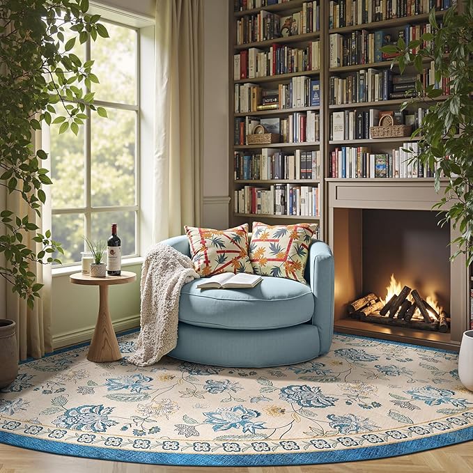 jinchan Floral Corner Rug for Living Room Washable Bedroom Rug Vintage Romance Design Non Slip Quarter Circle Lightweight Low-Pile Throw Carpet for Reading Nook Playroom,8ft Radius, Blue/Beige