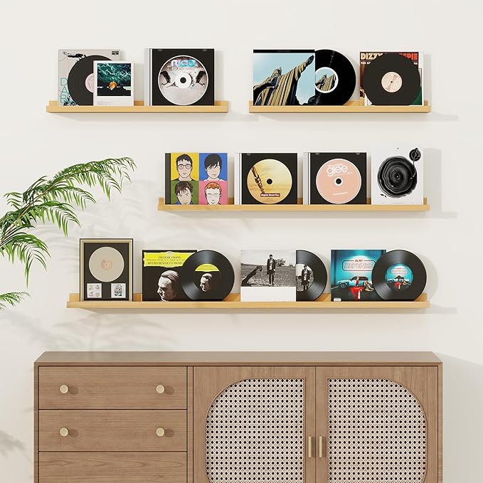 Picture Ledge Shelf, Solid Pine Wood Floating Shelves Set of 2, 32 Inches Nursery Book Shelves for Toys Storage, Kids Bookshelf Wall Mounted for Living Room Bedroom Decor Books Photo Frames, Natural