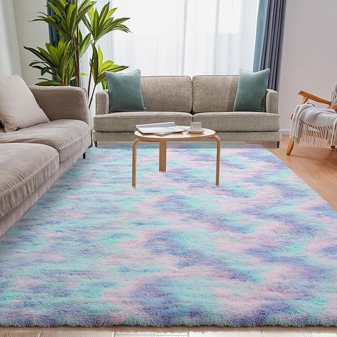 Rainbow Rug for Girls Room, 6x9 Fluffy Area Rugs for Bedroom, Colorful Kids Rug Cute Anti-Skid Indoor Carpet for Nursery, Living Room, Playroom, Home Decor