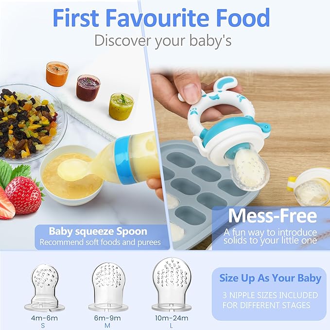WAJIAYON Baby Fruit Feeder Pacifier | 2 Infant Food Feeder Pacifier & Baby Food Dispensing Spoon | Mesh Fresh Fruit Teethers for Babies Teething Feeders | Shower Gifts for Boys and Girls (Blue)