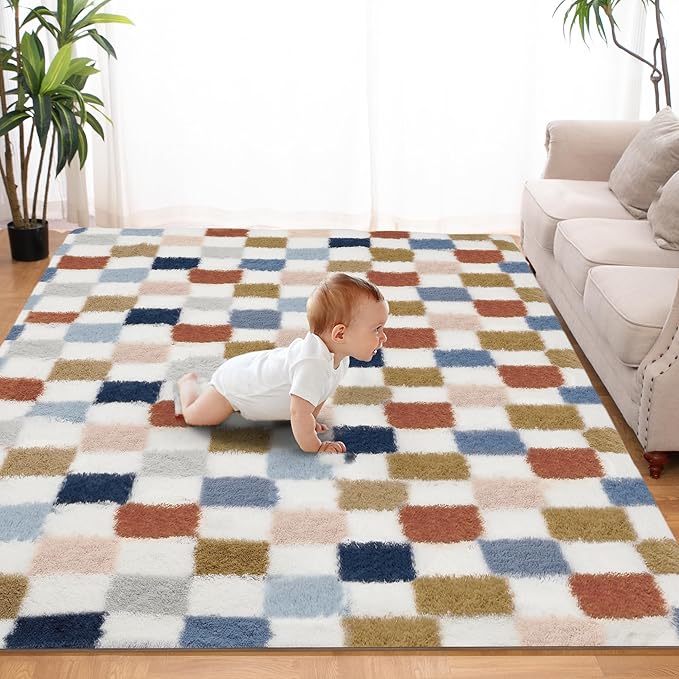 Super Soft Rug for Bedroom, 4x6 Ft Rainbow Area Rug Classic Checkered Shaggy Rug Anti-Skid High Pile Soft Fluffy Fuzzy Carpet for Living Room Bedroom Kids Room Nursery, Dorm Home Decor