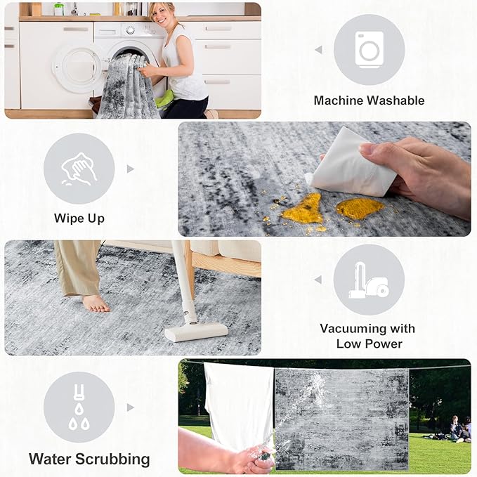 Area Rugs Living Room Rug - 4x6 Washable Modern Abstract Soft Neutral Non-Slip Carpet Large Indoor Floor Thin Carpets for Bedroom Dining Room Farmhouse Nursery Home Office Black