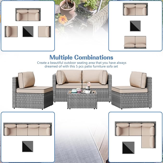 Patio Furniture Sets, 5 Piece Outdoor Sectional Sofas, Wicker Rattan Outdoor - Image 4