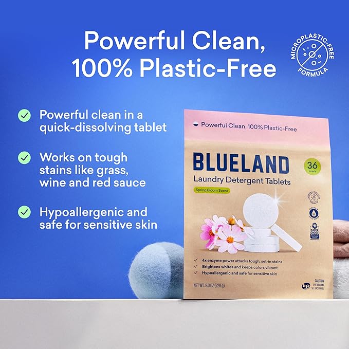 BLUELAND Laundry Detergent Tablets, 36 Count, Spring Bloom Scent, Plastic-Free Eco-Friendly Pods, Sheets, Liquid Alternative - Safe for Sensitive Skin, Gentle