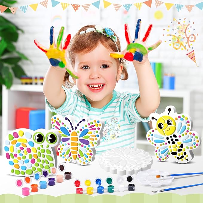6 Pack Paint Your Own Plaster Stones - Kids Summer Arts and Crafts Garden Handprint Stepping Stone Painting Kit DIY Ceramic Craft Pottery Outdoor Painting Gifts for Kids Ages 4-12
