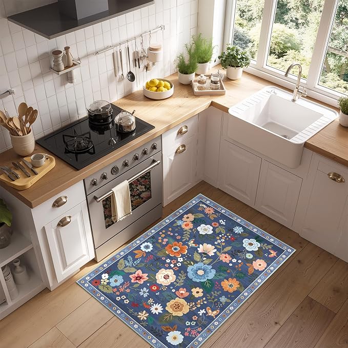 Floral 2x3 Area Rug Machine Washable Soft Print Boho Carpet Non Slip Doormat Low Pile Flower Area Rugs for Living Room Bedroom Nursery Kitchen Dining Room Indoor-Blue/Grey