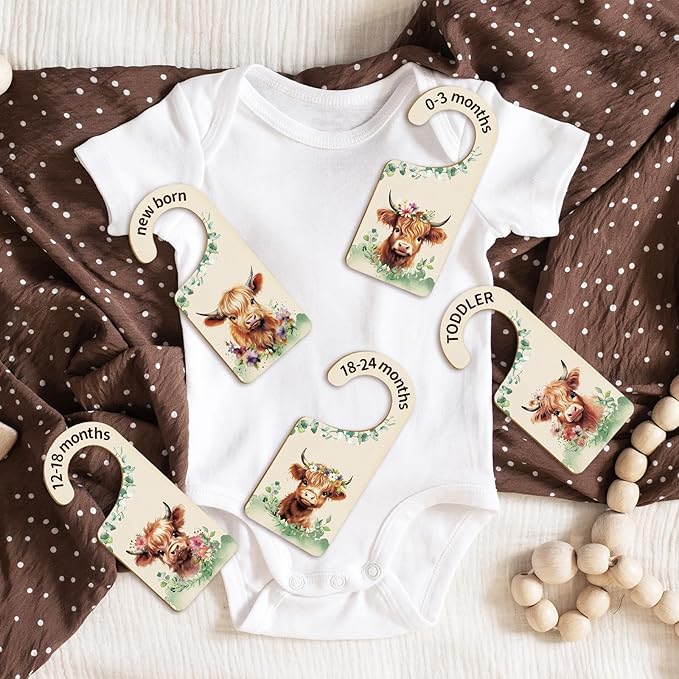 Whaline 8Pcs Baby Closet Size Dividers Watercolor Highland Cow Hanging Wood Baby Closet Organizer Newborn to 24 Months Thicken Baby Wardrobe Organizer