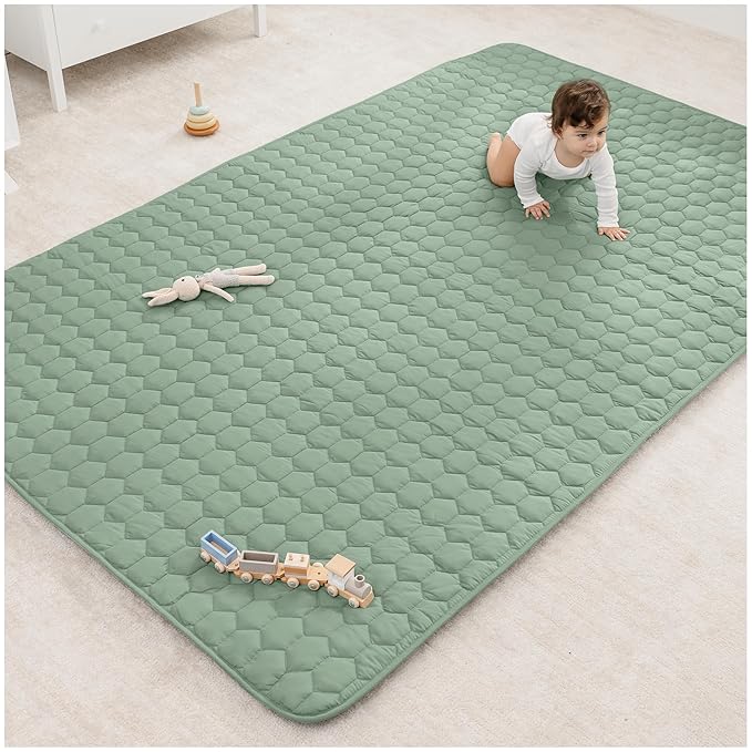 Comfy Cubs Rectangle Kids Play Mat - Large 60 x 96 inches Soft Quilted Baby Floor Mat with Non-Slip Bottom - Plush Design for Toddlers' Playtime and Relaxation - Comfortable and Durable - Fern