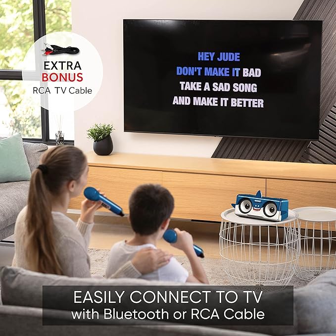 MASINGO Shark Karaoke Machine for Kids, Children and Toddlers with 2 Wireless Bluetooth Microphones, Portable PA Speaker Includes Lyrics Display Phone Holder, TV Cable and Singer Vocal Removal Mode