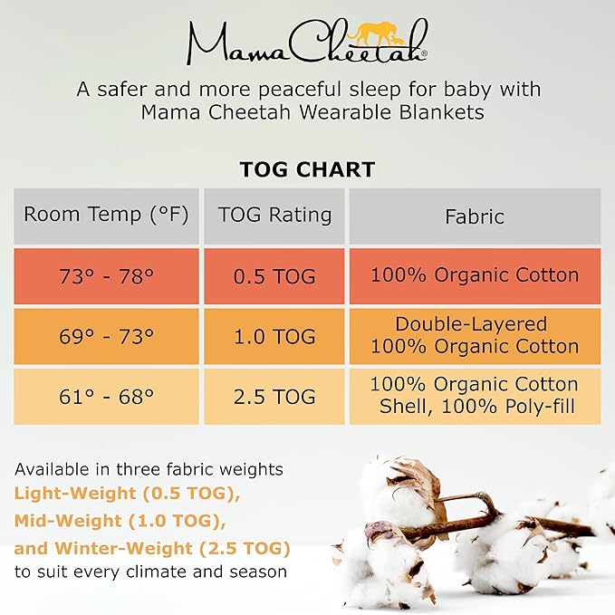 Mama Cheetah Baby Sleep Sack 0.5 TOG, Organic Cotton Baby Wearable Blanket with Two-Way Zipper, Swaddle Transition Baby Sleeping Bag for Newborn Infant Toddler Boy Girl, 6-12 Months