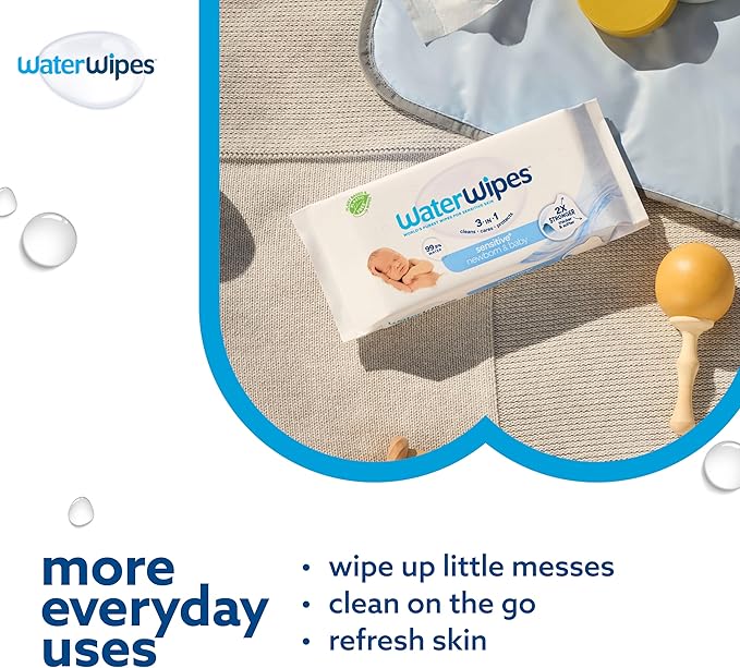 WaterWipes Sensitive+ Newborn & Baby Wipes, 3-In-1 Cleans, Cares, Protects, 99.9% Water, Unscented & Hypoallergenic, 300 Count (5 Packs)