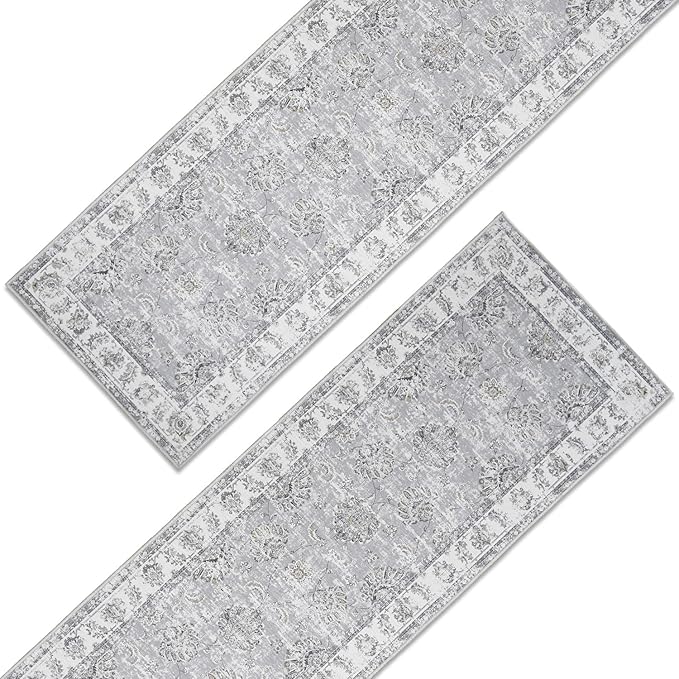 jinchan Runner Rug 3x8-2pcs Kitchen Washable Vintage Rug Hallway RugFloral Print Floor Cover Indoor Thin Retro Mat Accent for Bathroom Laundry Room Bedroom Office Farmhouse (Double,Grey)