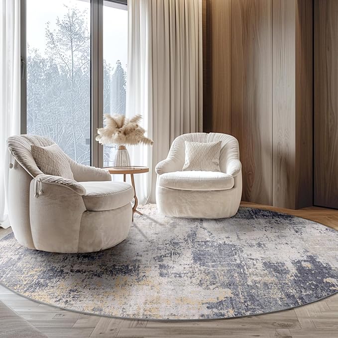 Washable Area Rugs 6ft Non-Slip Modern Abstract Soft for Living Room Entryway Bedroom Nursery, Print Pattern, Purple Grey Cream Yellow