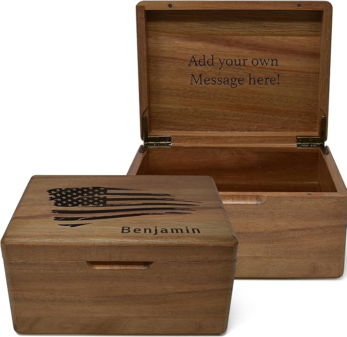 USA Flag Box with Name - Wooden Keepsake Box for Mens, Boys, Wooden Anniversary Wedding Gift for Men/Women, American Flag Gifts for Men, Personalized Memory Boxes, Trinket Boxes, 8 x 6 x 4 in