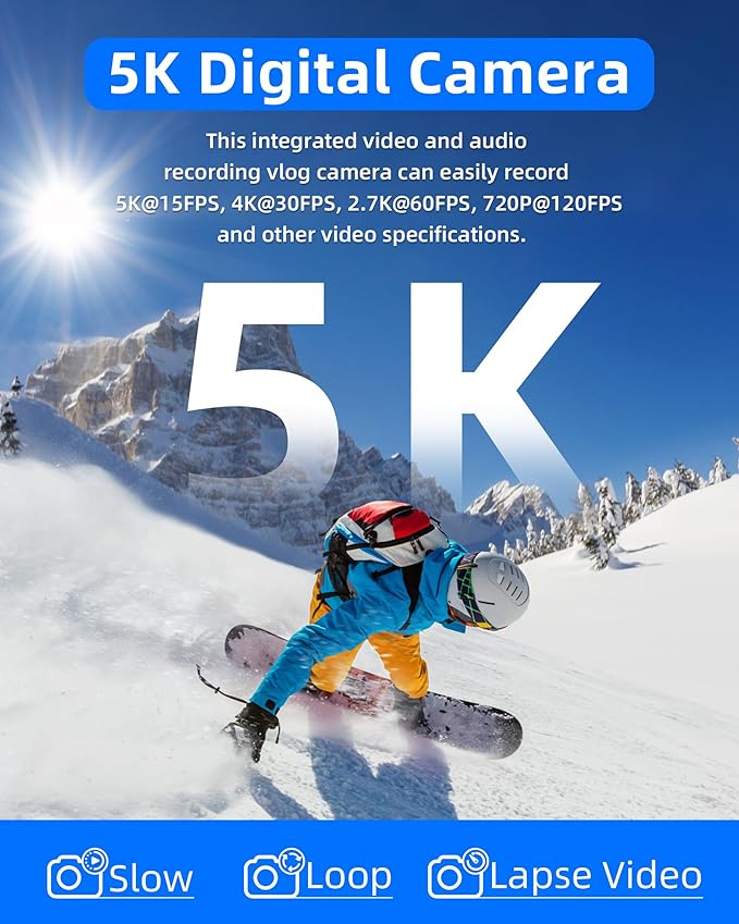 T TAKMLY Digital Camera 5K, Autofocus 16x Zoom 72MP Point and Shoot Cameras Compact Portable with Flash for Kids Boys Girls Teens Students, Anti Shake 2.8'' Screen, 64GB Card Include, White