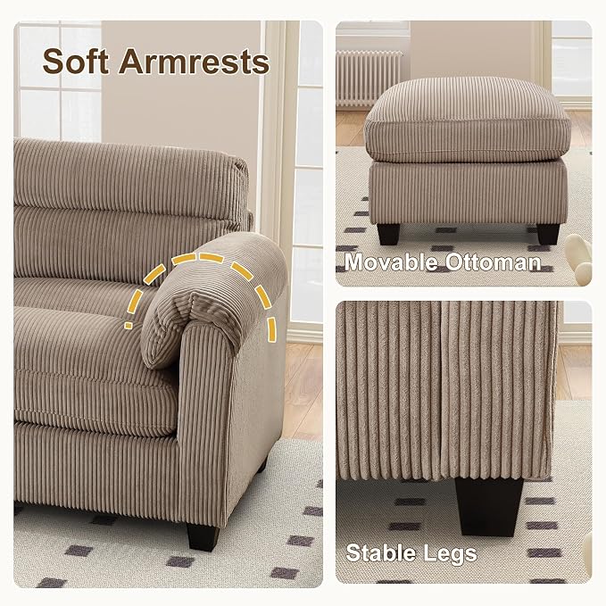 HAOMARKETS Corduroy Sofa Set, Upholstered Ottoman Footrest, Modern Living Room - Image 5