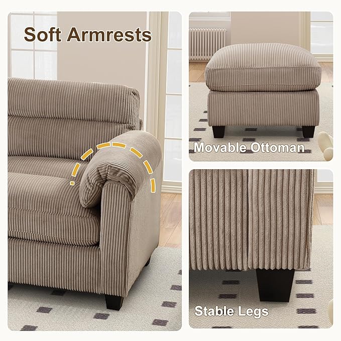 HAOMARKETS Corduroy Sofa Set, Upholstered Ottoman, and 3-Seater Couch - Image 5