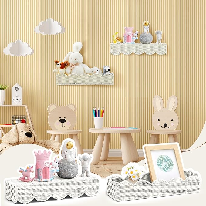 Pinkunn 3 Set Nursery Book Shelves Scalloped Rattan Wall Shelf 15.8 x 3.2 Inch Wall Mounted Plastic Floating Book Shelve, Hanging Boho Wicker Woven Shelf for Nursery Decor and Storage (Classic White)