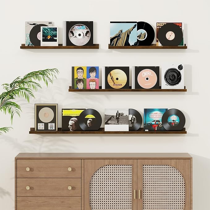 Picture Ledge Shelf, Solid Pine Wood Floating Shelves Set of 2, 32 Inches Nursery Book Shelves for Toys Storage, Kids Bookshelf Wall Mounted for Living Room Bedroom Decor Books Photo Frames, Walnut