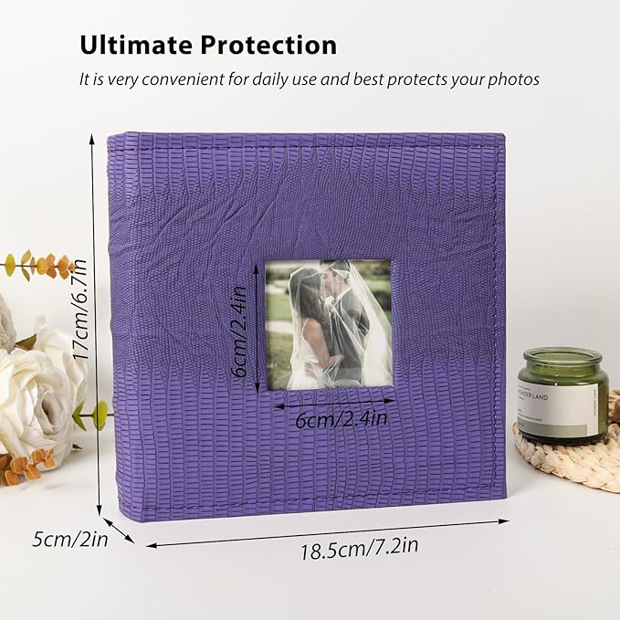 RECUTMS Photo Album with Memo Hold 100 4x6 Photos with Memo Areas, Slip in Pockets PU Leather Cover Small Photo Book with Front Window for Memories Couple Kids Family Pictures (Purple)