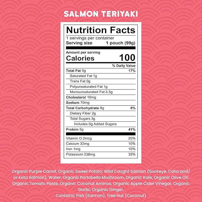 Serenity Kids 6+ Months Salmon Teriyaki Organic Baby Food Pouches - Ethically Sourced Salmon & Organic Veggies - No Added Sugar BPA-Free Baby Puree - 3.5 Oz, 12 Pack