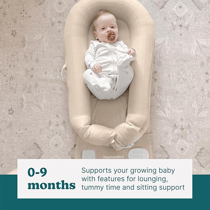 MyBaby 3-in-1 Calming Baby Cushion, Soothing Comfort for Newborns & Infants, Snuggling Sensation, Sound and Vibration, Designed for Safety, Rechargeable & Machine-Washable, by Homedics, Tan