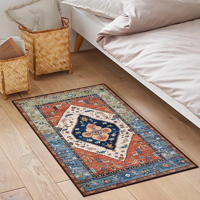 Lahome Boho 2x3 Washable Kitchen Rugs, Throw Non-Slip Backing Small Door Rug for Entryway Low-Profile Inside Door Mats, Oriental Indoor Doormat Carpet for Entrance Bathroom Laundry Living Room, Rust