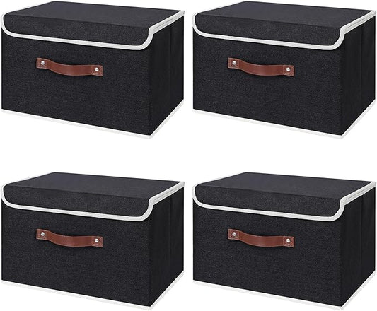 ANMINY 4PCS Storage Bins with Lid PU Leather Handles Storage Boxes PP Plastic Board Decorative Foldable Lidded Cotton Linen Fabric Home Cubes Baskets Closet Organizer Containers - Black, Large Size