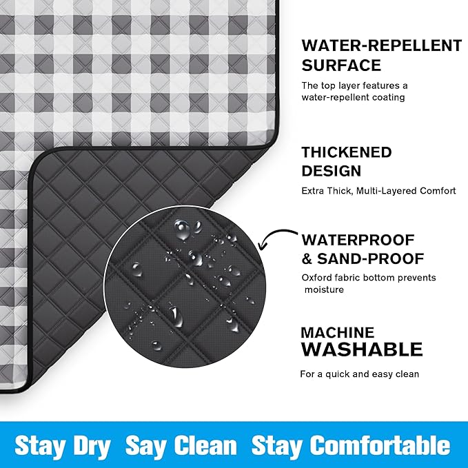 TigeJoy Extra Large Picnic Blanket Waterproof Foldable 80''x118'', Outdoor Picnic Mat Beach Blanket Sandproof for Park, Grass, Travel, Hiking, Camping Essentials, Gingham Picnic Blanket