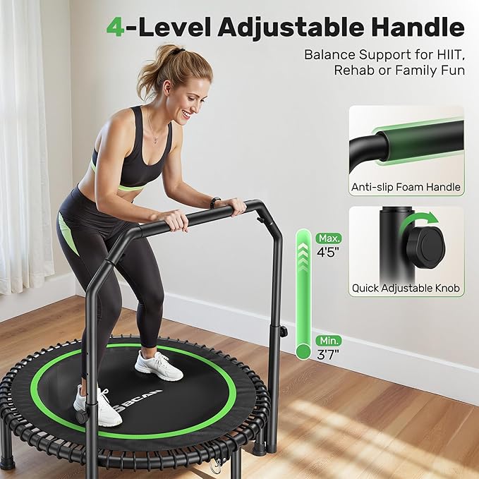 BCAN 40"/48" Mini Rebounder Trampoline for Adults with Bar, 450/550LBS Fitness Trampoline with Bungees, Adjustable Handle, Stable & Quiet, Indoor Outdoor, Whole-Body Workout & Relaxation at Home