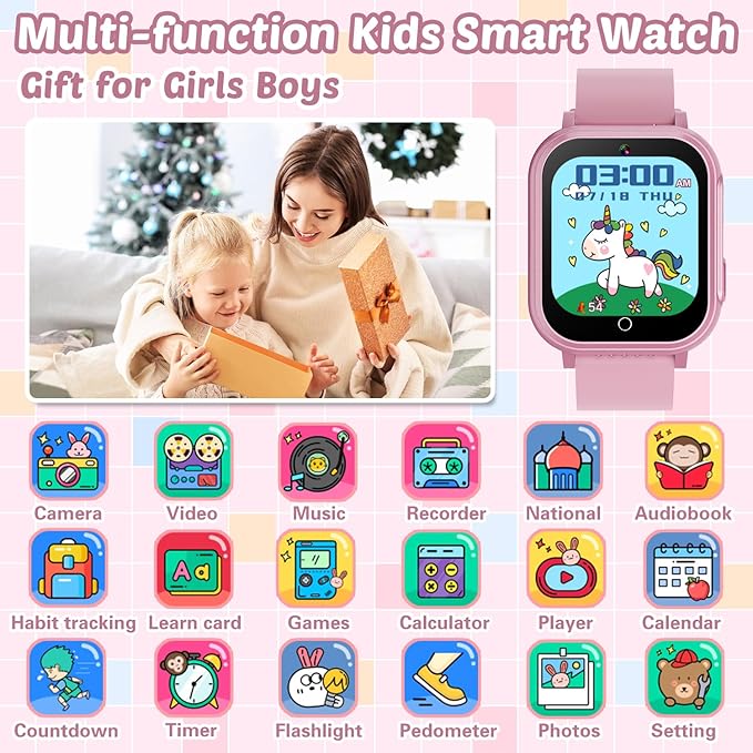 Waterproof Smart Watch for Kids Gift for Girls Age 5-12 with 32 Games, Dual Camera, Habit Tracking, Music Player, Video, Alarm Clock, HD Touchscreen Kids Smart Watch Birthday Toys for 3-12 Year Old