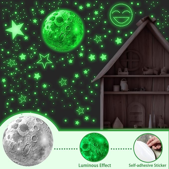 965 PCS Glow in The Dark Stars and Moon for Ceiling, Luminous Stars and Planet Wall Decals, Kids Room Decor, Glowing Galaxy Wall Stickers for Nursery Decorations (Green)