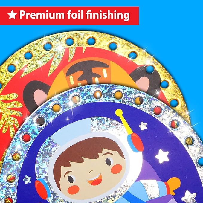 EZCRA Premium Foil Edge Lacing Cards for Kids Ages 3-6 | 10 Double-Sided Animal and Space Sewing Cards with Multilingual Learning | Durable Cardboard Fine Motor Skills Activity Kit