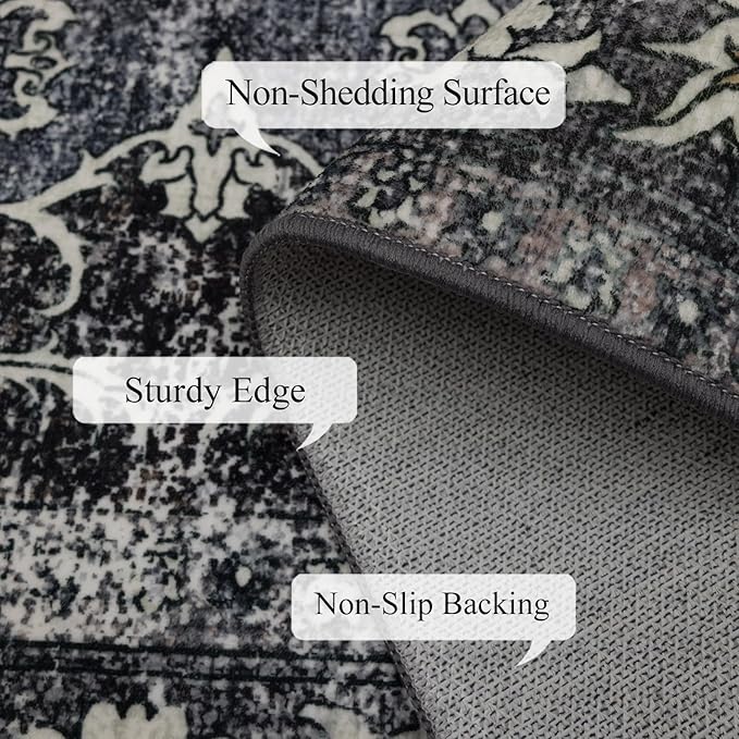 Washable Rugs 5x7 Area Rugs for Living Room, Thin Carpet for Bedroom, Soft Faux Wool Retro Dining Room Rug，Non Slip&Non-Shedding Resistant Low Pile Vintage Print Rug for Home Office (Tan/Gray)