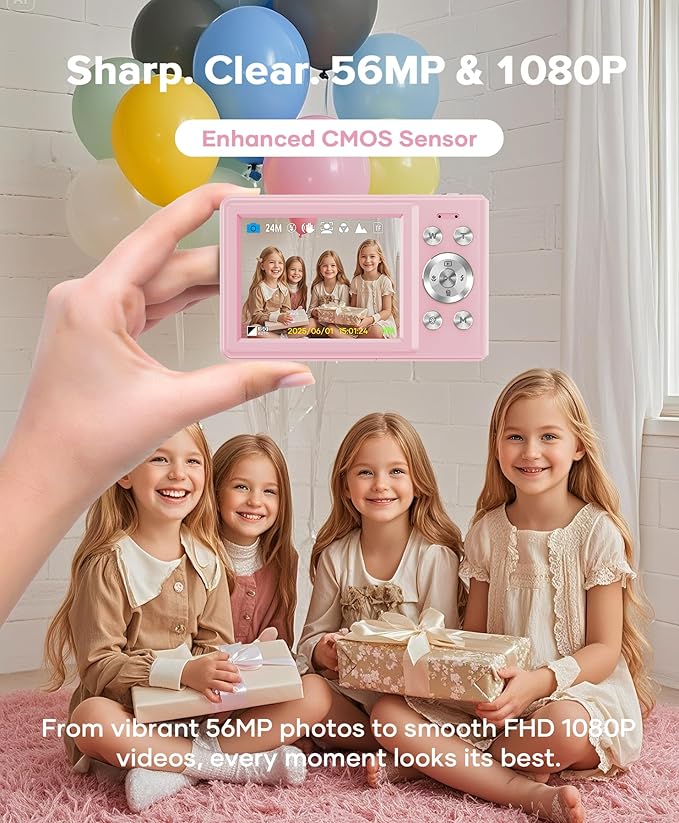 WONNIE Digital Camera 56MP, FHD 1080P Point & Shoot Camera with 32GB SD Card, 2 Batteries, and Lanyard, Ideal for Kids & Teens, Suitable Gift for Girls