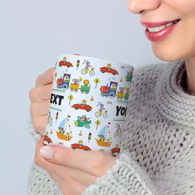 Personalized Mug for Kids - Vehicles - Custom Name/Text, Ceramic Hot Chocolate/Cocoa/Coffee Cup for Boys, Birthday/Christmas/Holiday Gift - 15 oz, Navy Blue Handle