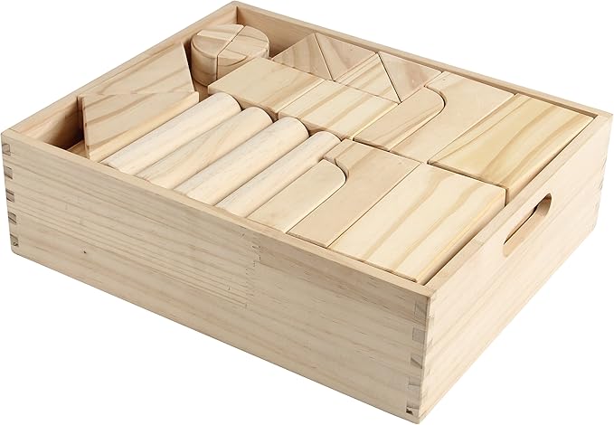 Standard Unit Building Blocks for Toddlers with Storage Tray (64 Pcs) Sanded Wood Blocks for Children, Original STEAM, and STEM Learning, Classic Wooden Toys for Kids Parties and Classrooms